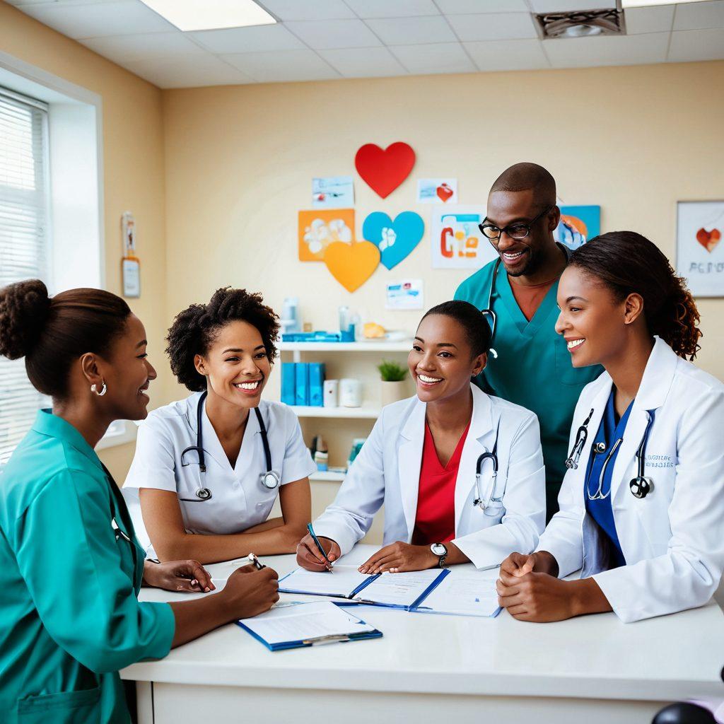 A warm, inviting scene of diverse healthcare professionals collaborating in a bright, modern clinic, with patients receiving care surrounded by uplifting visuals of hope and community. Incorporate symbols of care like stethoscopes, heart icons, and supportive gestures. Capture the essence of optimism and support in their expressions and interactions. super-realistic. vibrant colors. white background.