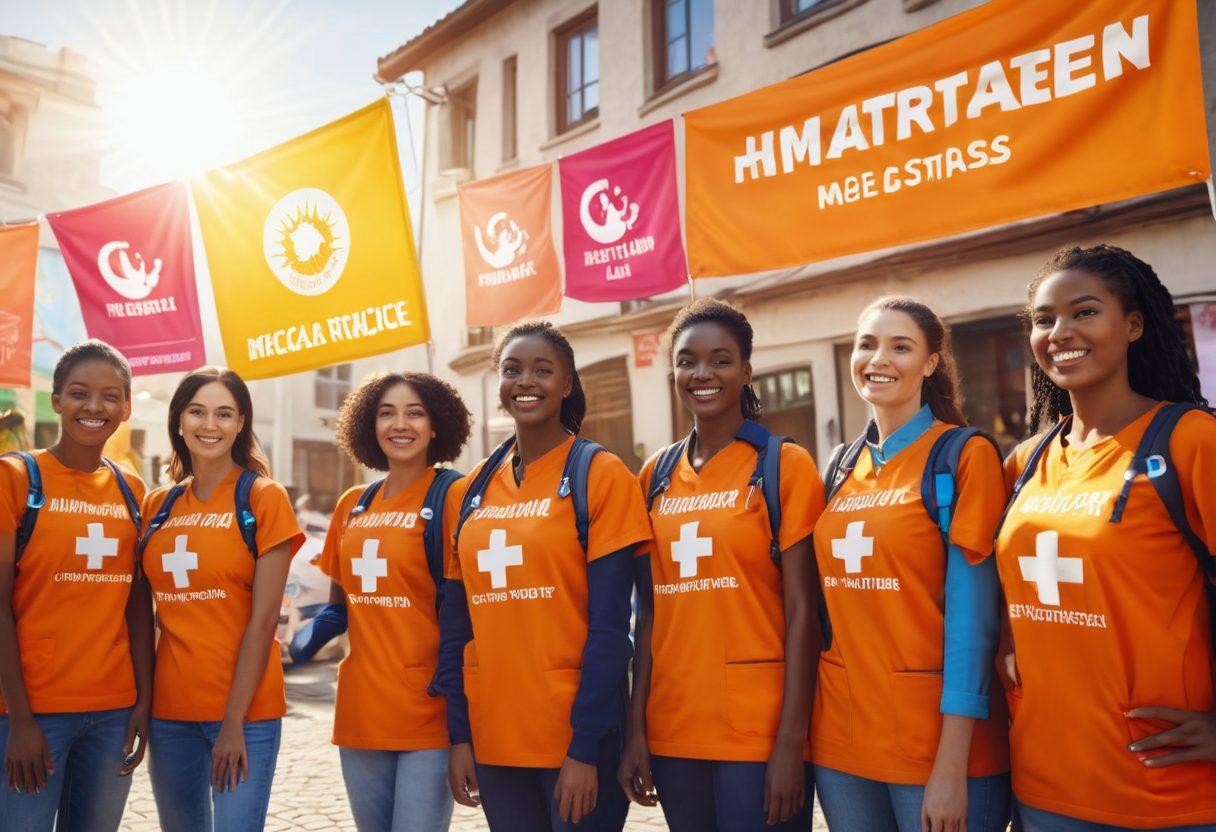 A diverse group of smiling volunteers engaging with local community members, surrounded by colorful banners depicting humanitarian aid. The scene shows vibrant interactions, with healthcare professionals providing medical assistance and sharing materials. In the background, a bright sun symbolizes hope and positivity. Emphasize unity, joy, and compassion within the community context. super-realistic. vibrant colors. 3D.