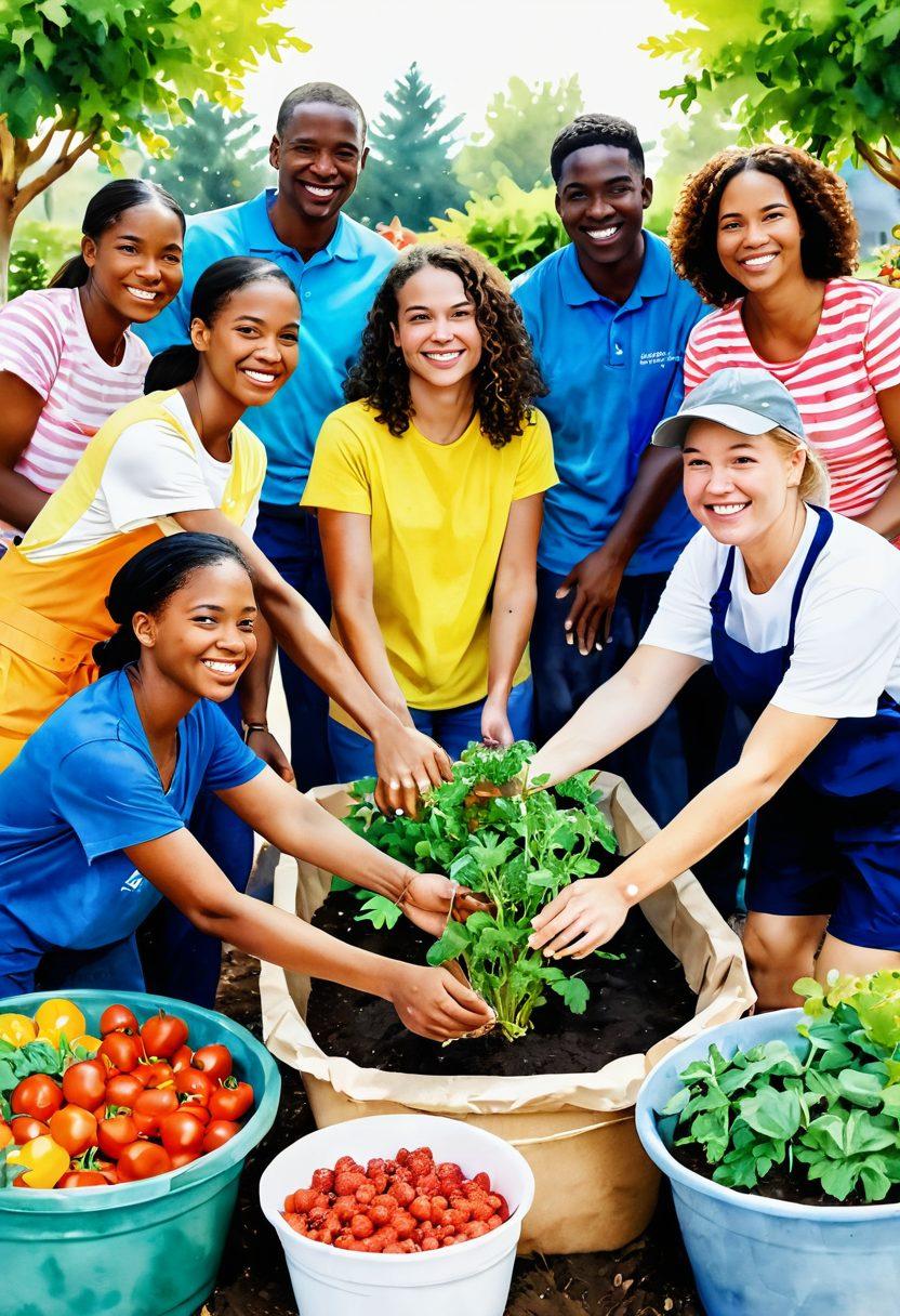 A diverse group of people joyfully collaborating on a community relief project, showcasing various acts of philanthropy such as food distribution and educational support. Bright colors emanate positivity, with smiles and teamwork in focus. The backdrop features a vibrant community garden symbolizing growth and unity. Emphasis on connection and hope through hands working together. watercolor illustration. vibrant colors. soft focus.
